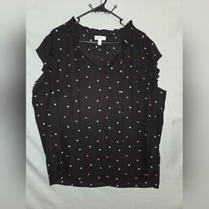 Tamara H Blouse Women Sz 2X Black w/ Pink White Hearts Ruffle Short Sleeve Boho
